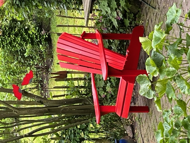 in einem Garten steht der von der Teilnehmerin fertig gestellte rote Adirondack chair.